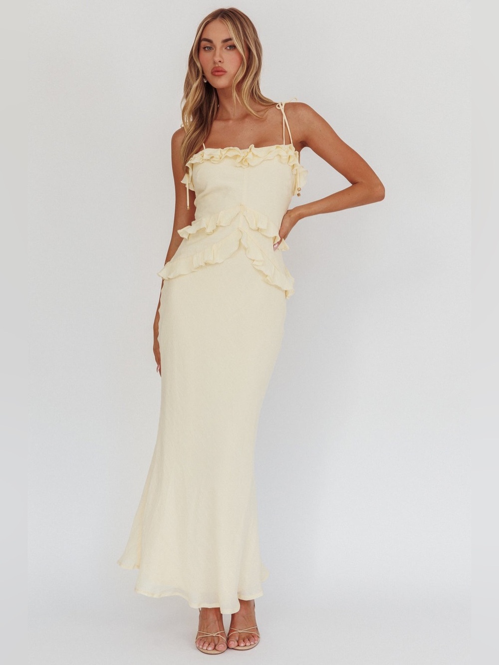 Selfie Leslie Saints & Secrets On A Roll Frill Trim Maxi Dress Yellow Size S NWT